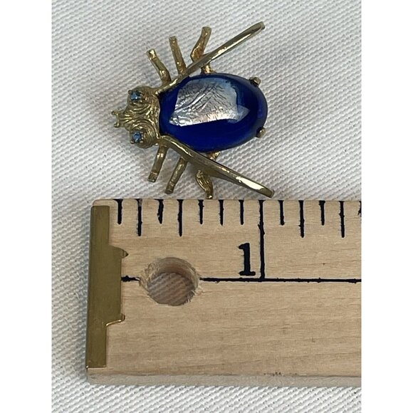Vintage Faux Lapiz Lazuli Fly Insect Brooch Gold Tone Blue Rhinestone Eyes - Picture 7 of 8